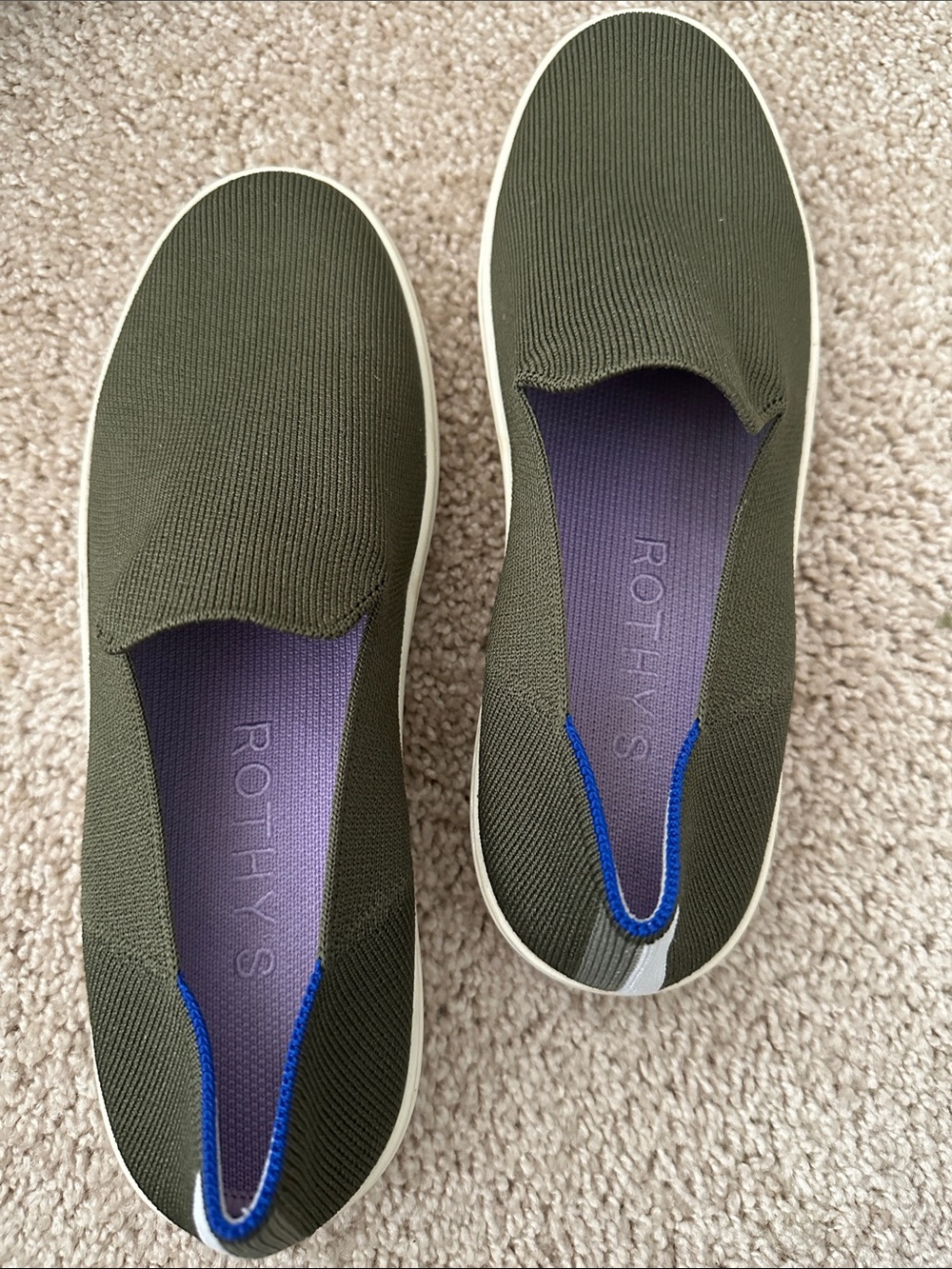 Rothy's Olive Knit Slip-On Sneakers with Purple Insole and Blue Trim - Picture 1 of 1